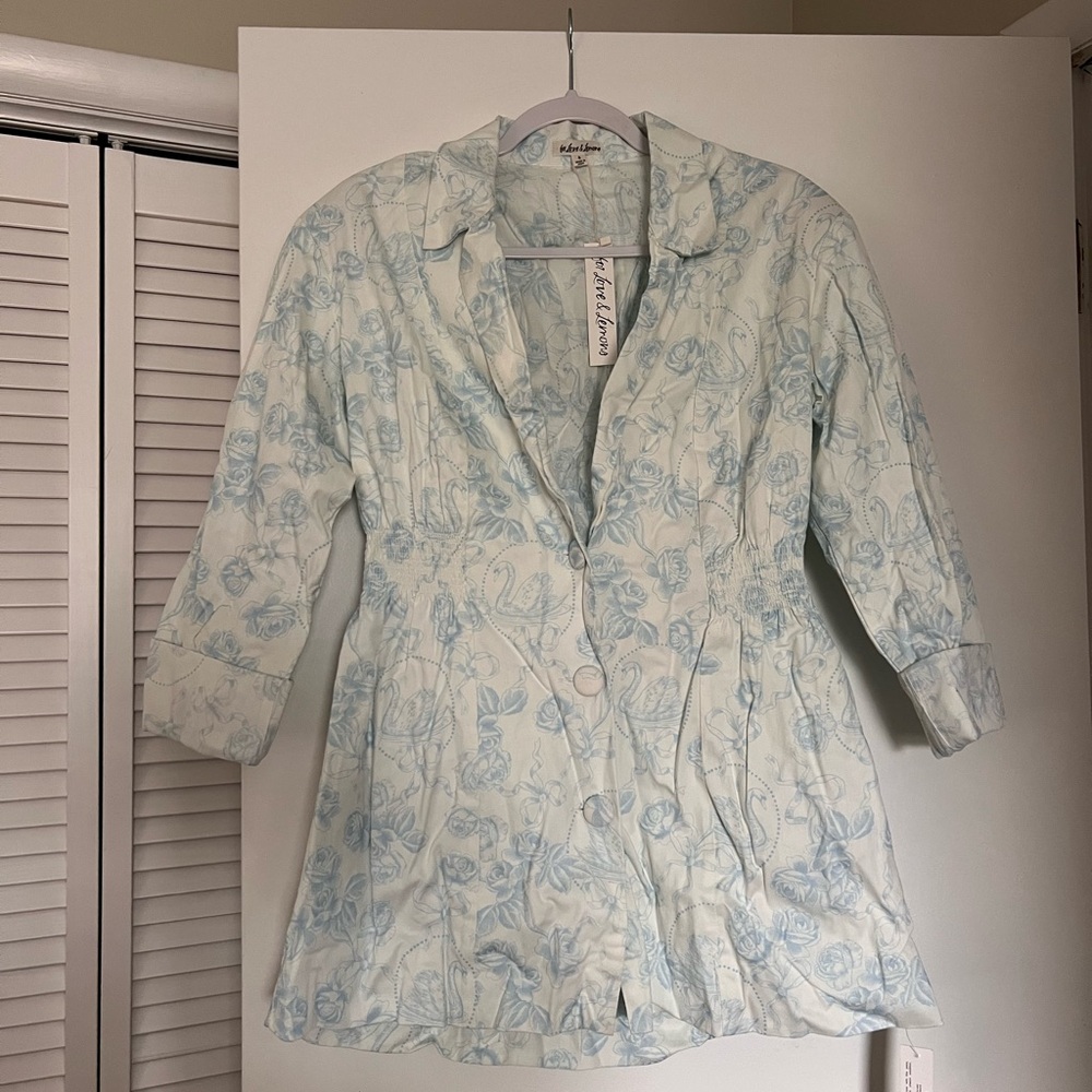 For Love & Lemons Pale Blue Floral Print Shirt Jacket